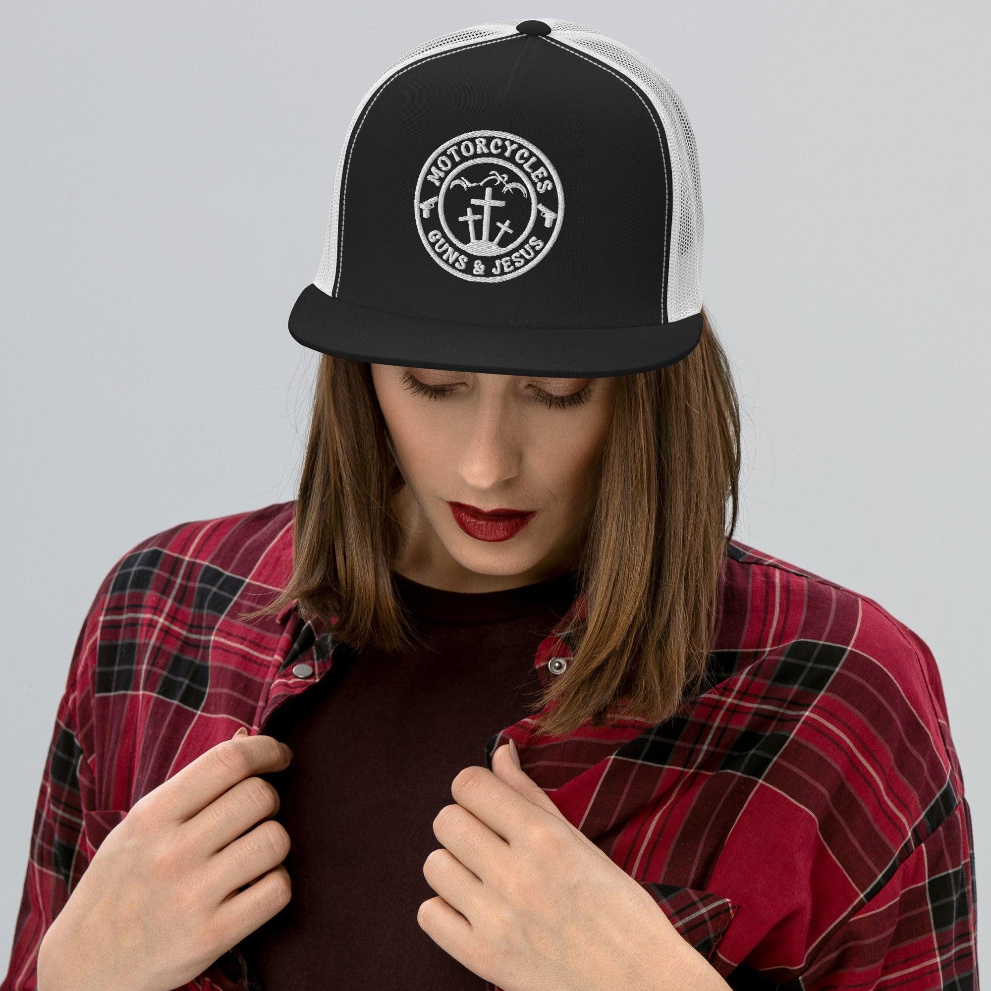 Motorcycles Guns & Jesus Trucker Cap Round -MGW Clothing