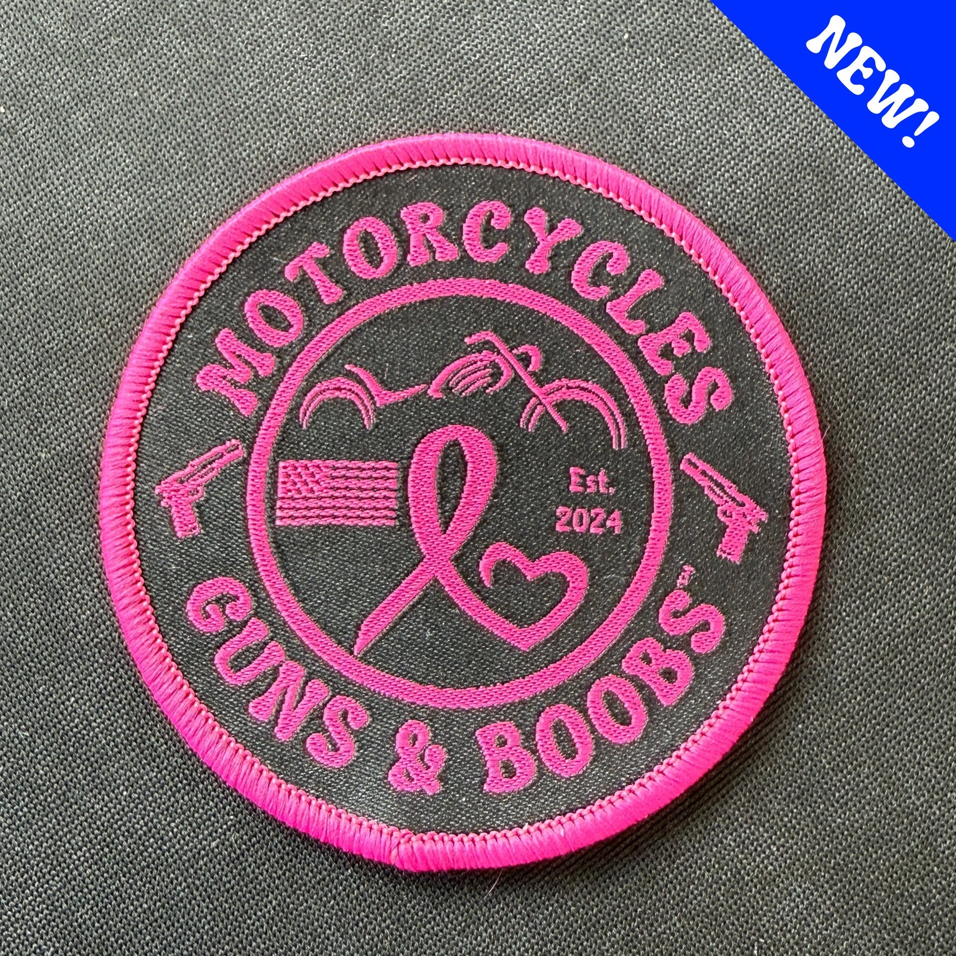 Motorcycles Guns & Boobs 3 inch patch in black with pink writing