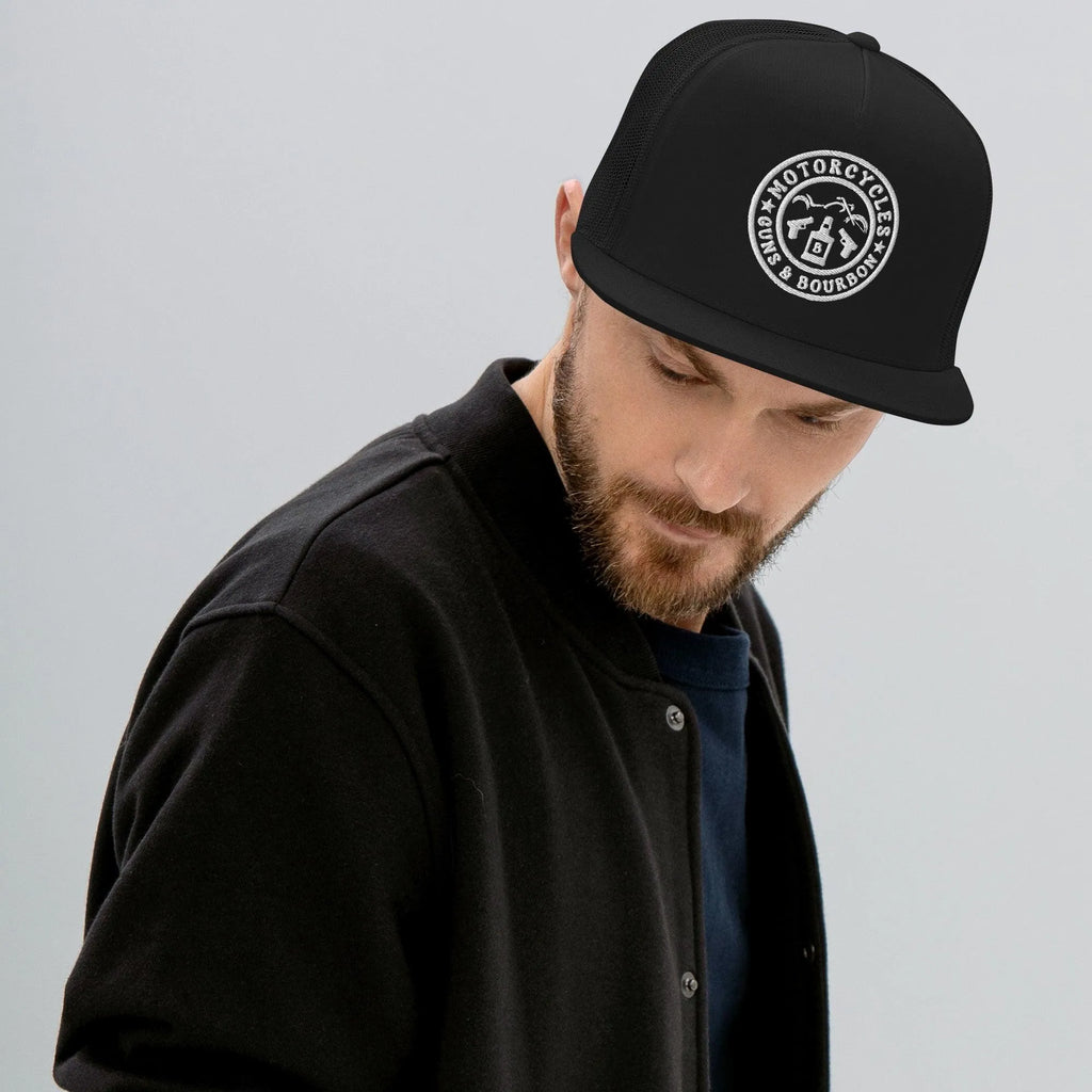 Motorcycles Guns & Bourbon Trucker Cap Round -MGW Clothing