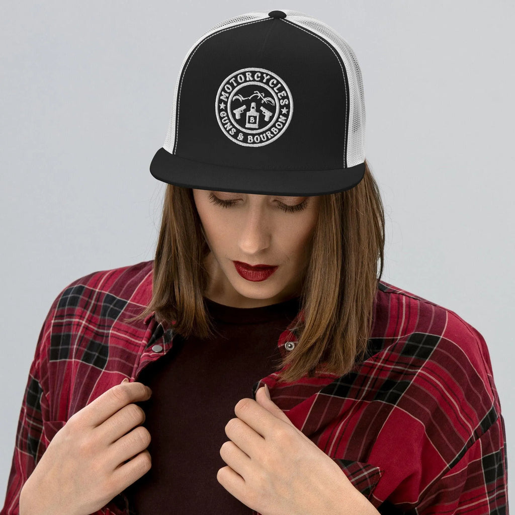 Motorcycles Guns & Bourbon Trucker Cap Round -MGW Clothing