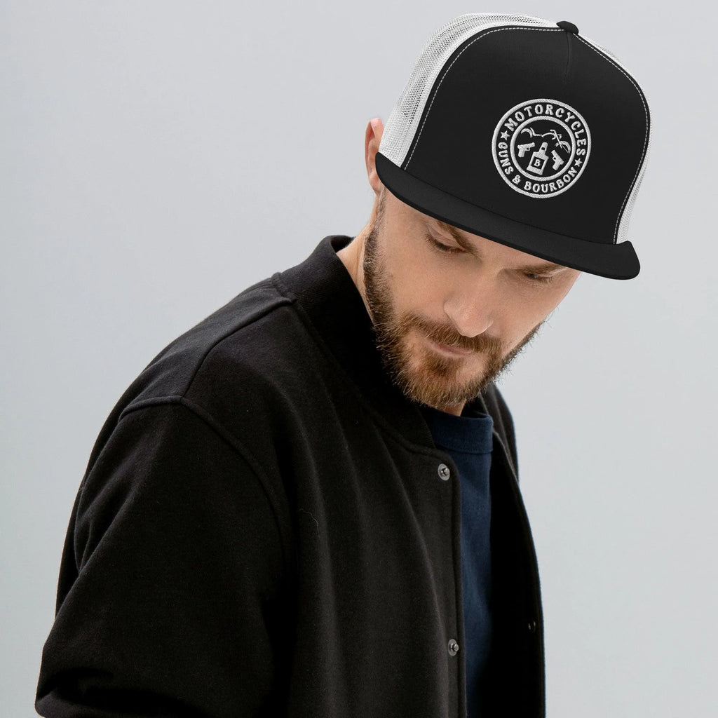 Motorcycles Guns & Bourbon Trucker Cap Round -MGW Clothing