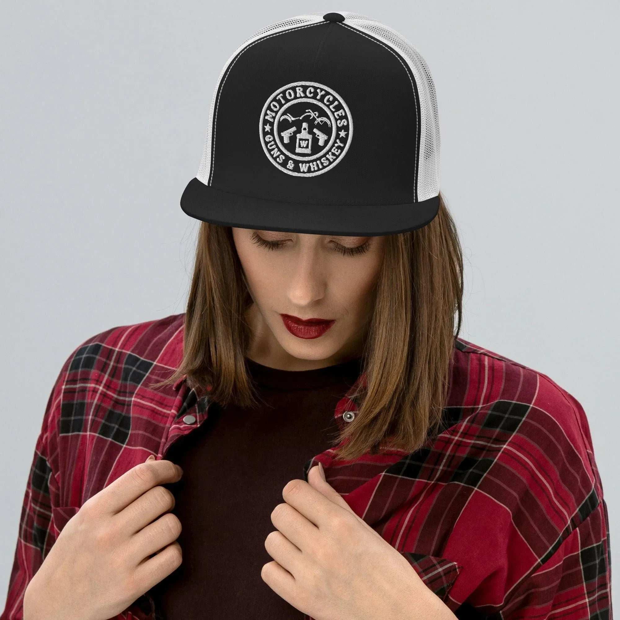 Motorcycles Guns & Whiskey Trucker Cap Round -MGW Clothing