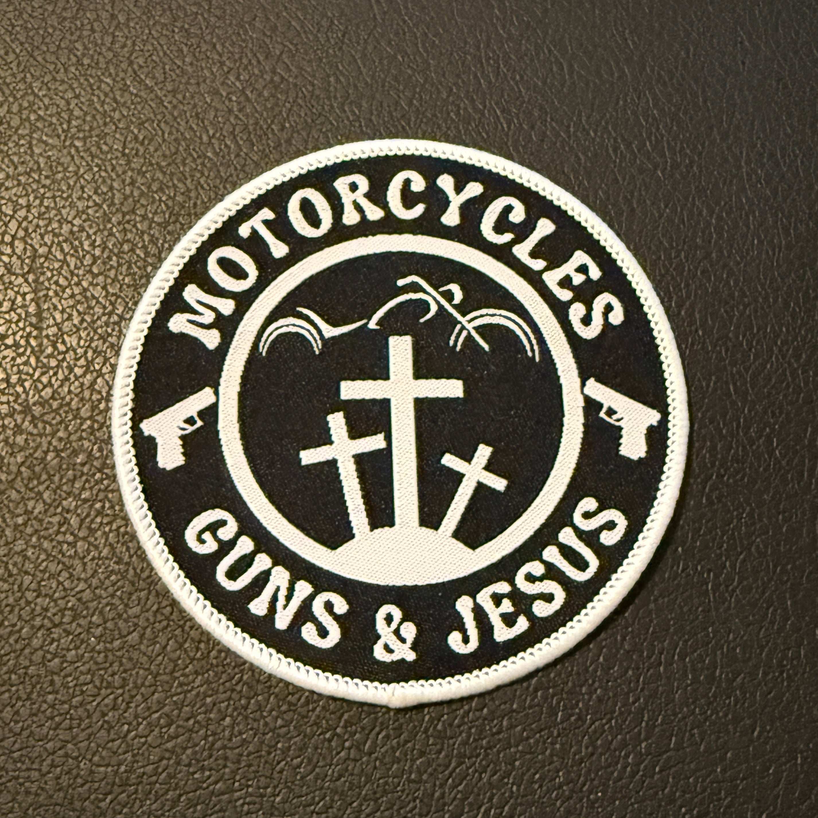 Motorcycles Guns & Jesus Patch – 3" Woven