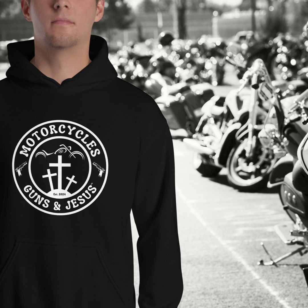 Our Motorcycles Guns & Jesus design lets you display your faith so everyone knows where you stand! Available only at MGW Clothing.
