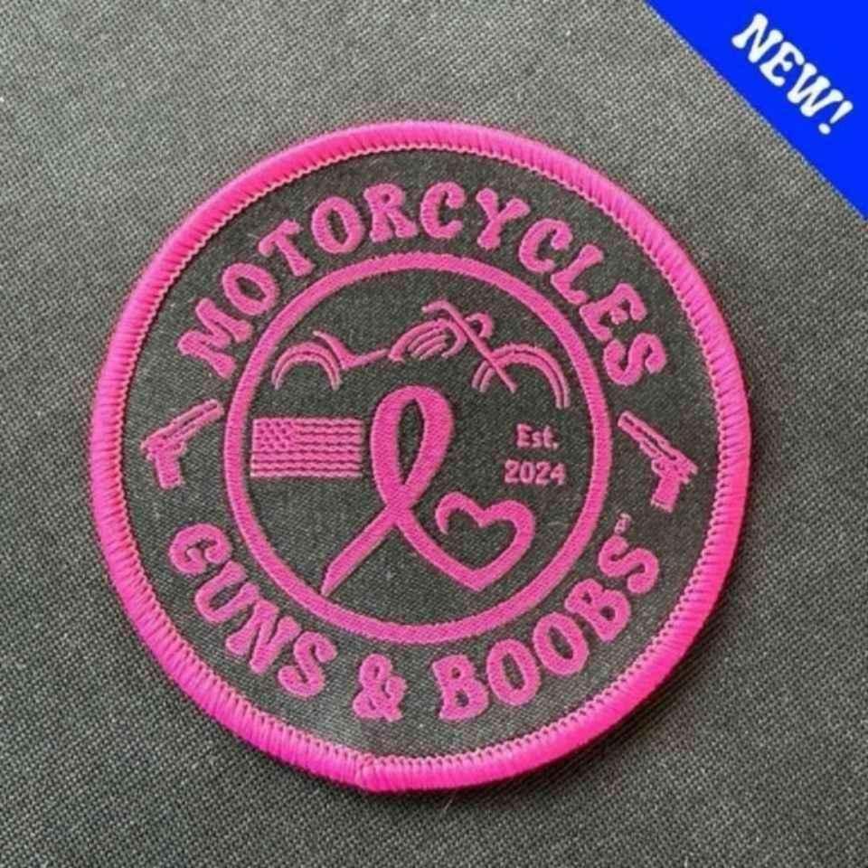 Motorcycles Guns & Boobs 3 inch patch in black with pink writing