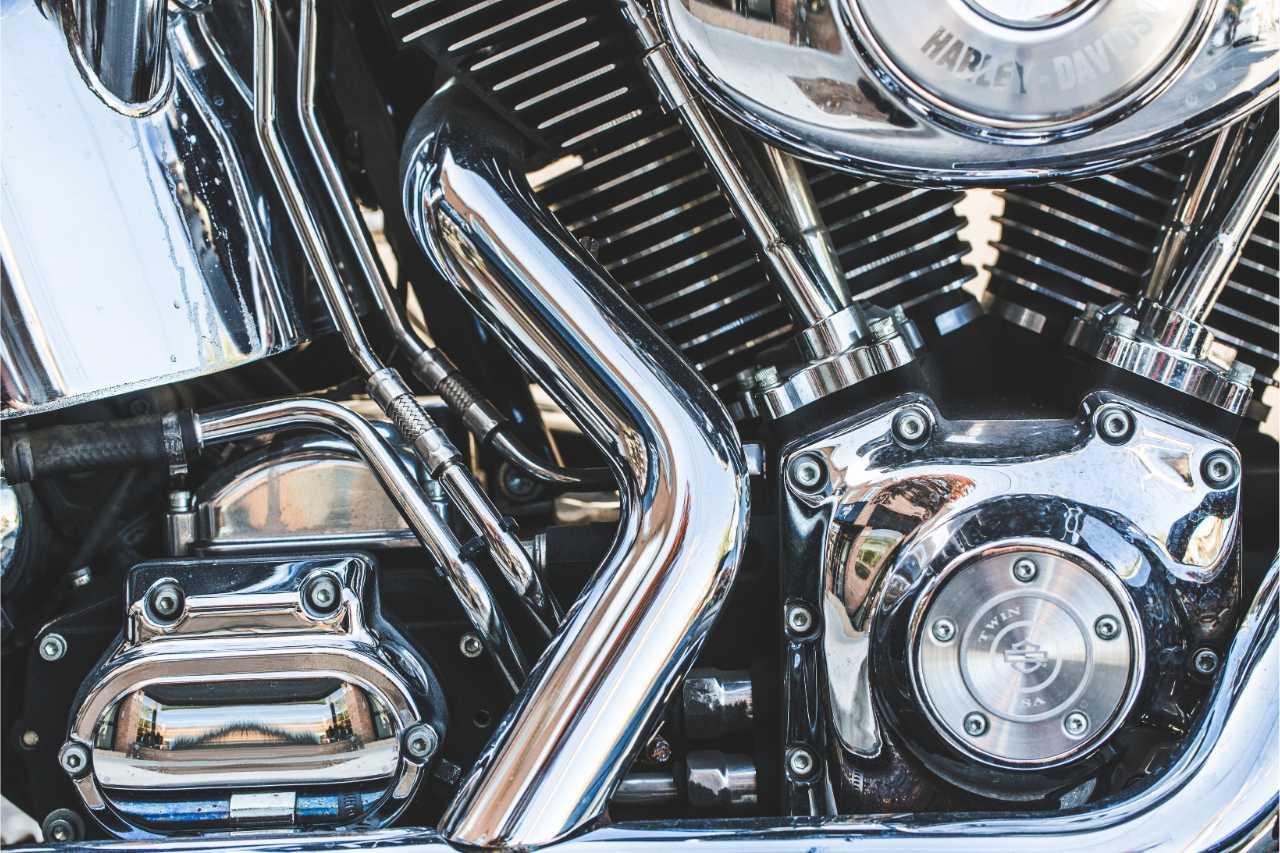 Close-up of a motorcycle engine with chrome finish