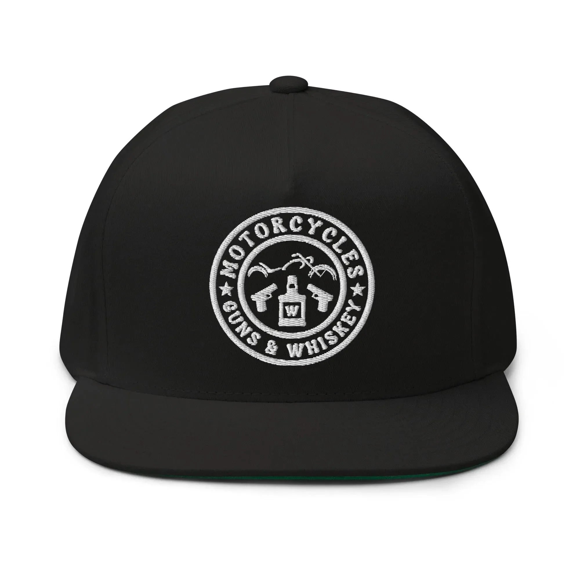 Motorcycles Guns & Whiskey Flat Bill Cap Round -MGW Clothing