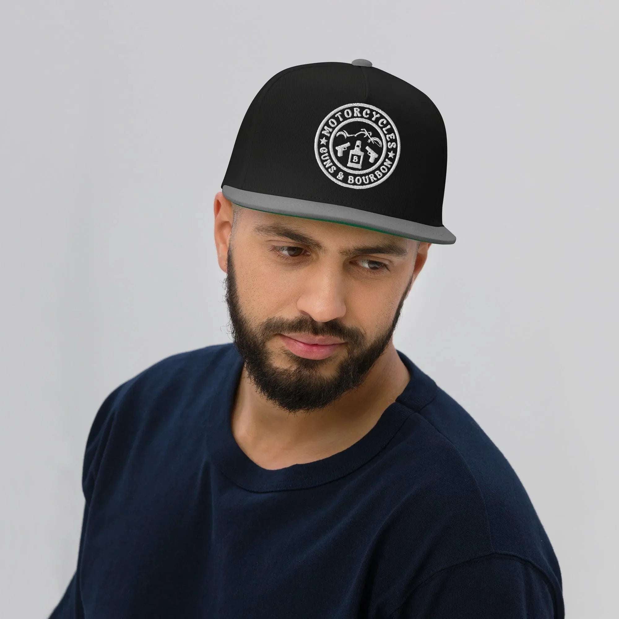 Motorcycles Guns & Bourbon Flat Bill Cap Round -MGW Clothing