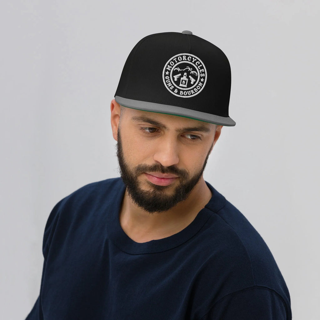 Motorcycles Guns & Bourbon Flat Bill Cap Round -MGW Clothing