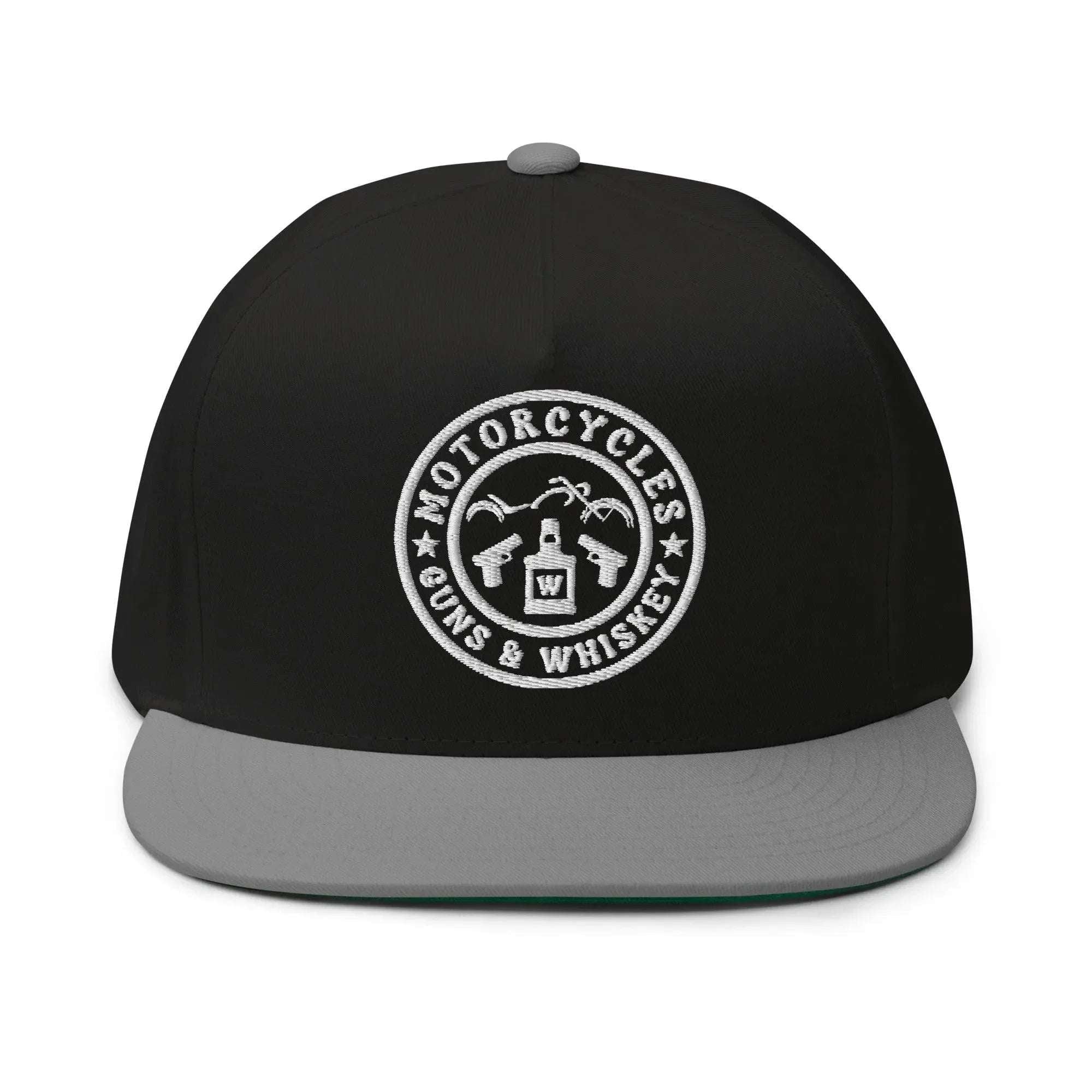 Motorcycles Guns & Whiskey Flat Bill Cap Round -MGW Clothing