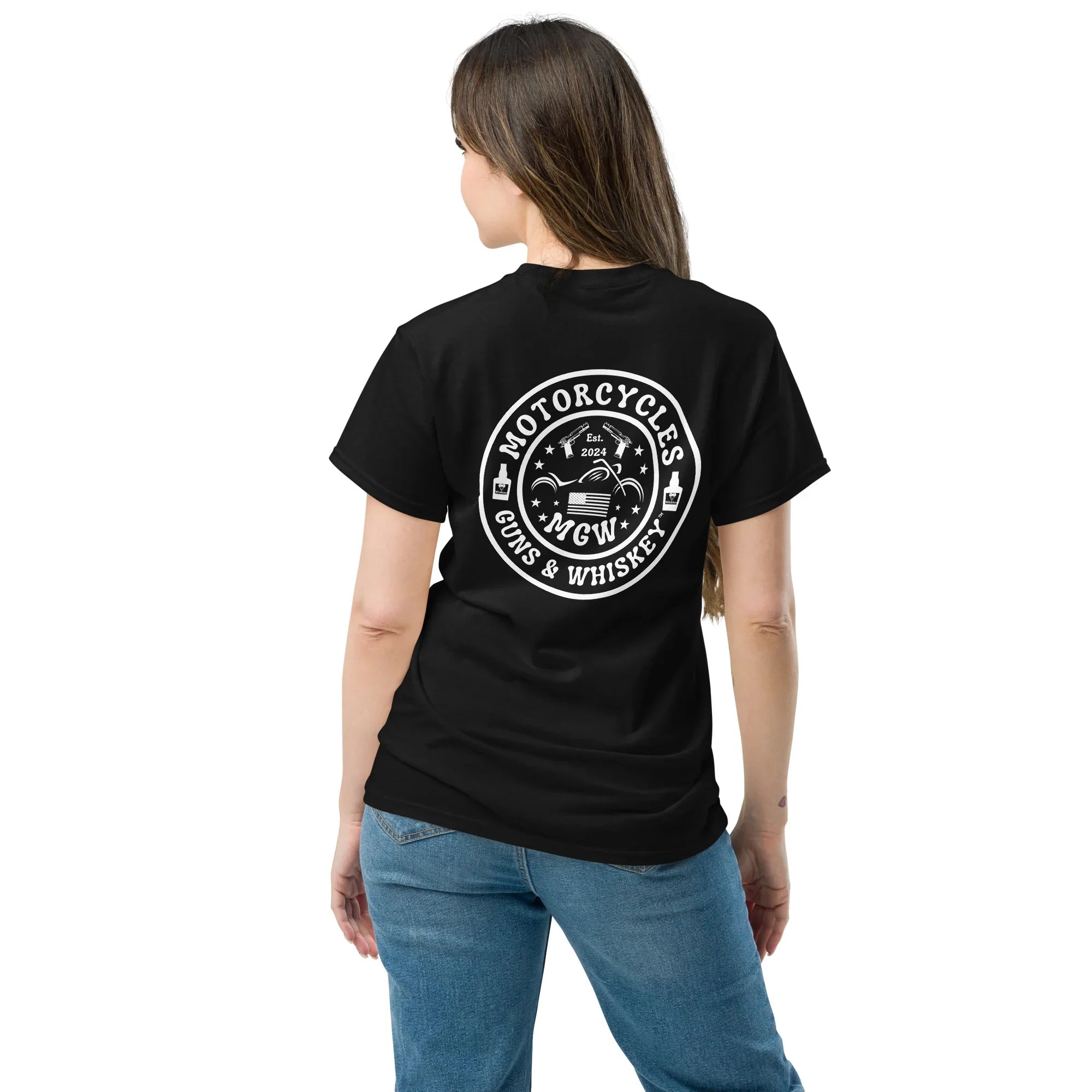 Motorcycles Guns & Whiskey T-shirt (Back) - Unisex -MGW Clothing