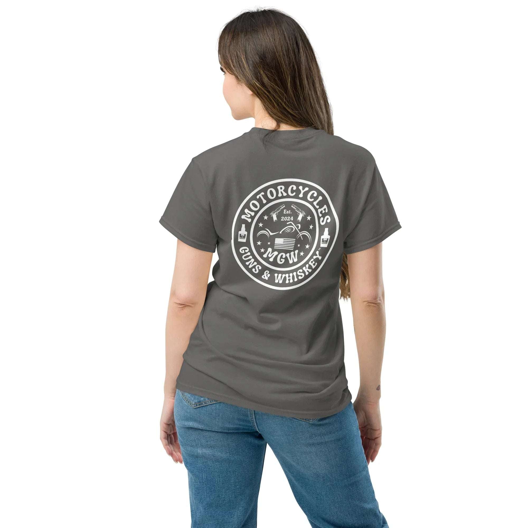 Motorcycles Guns & Whiskey T-shirt (Back) - Unisex -MGW Clothing