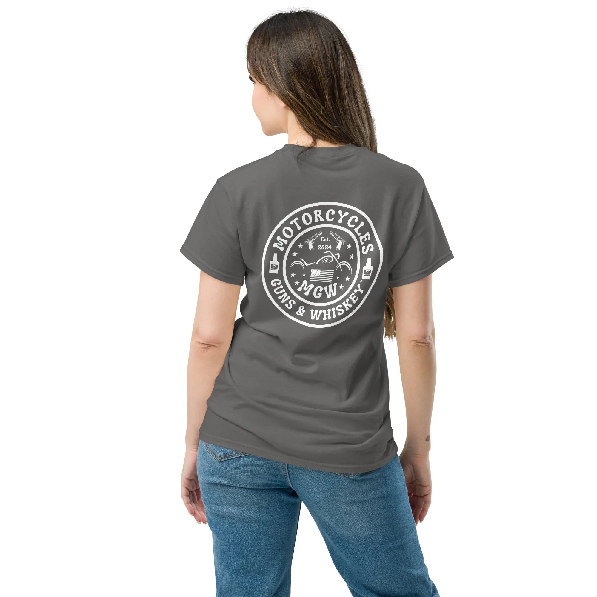 Motorcycles Guns & Whiskey T-shirt (Back) - Unisex -MGW Clothing