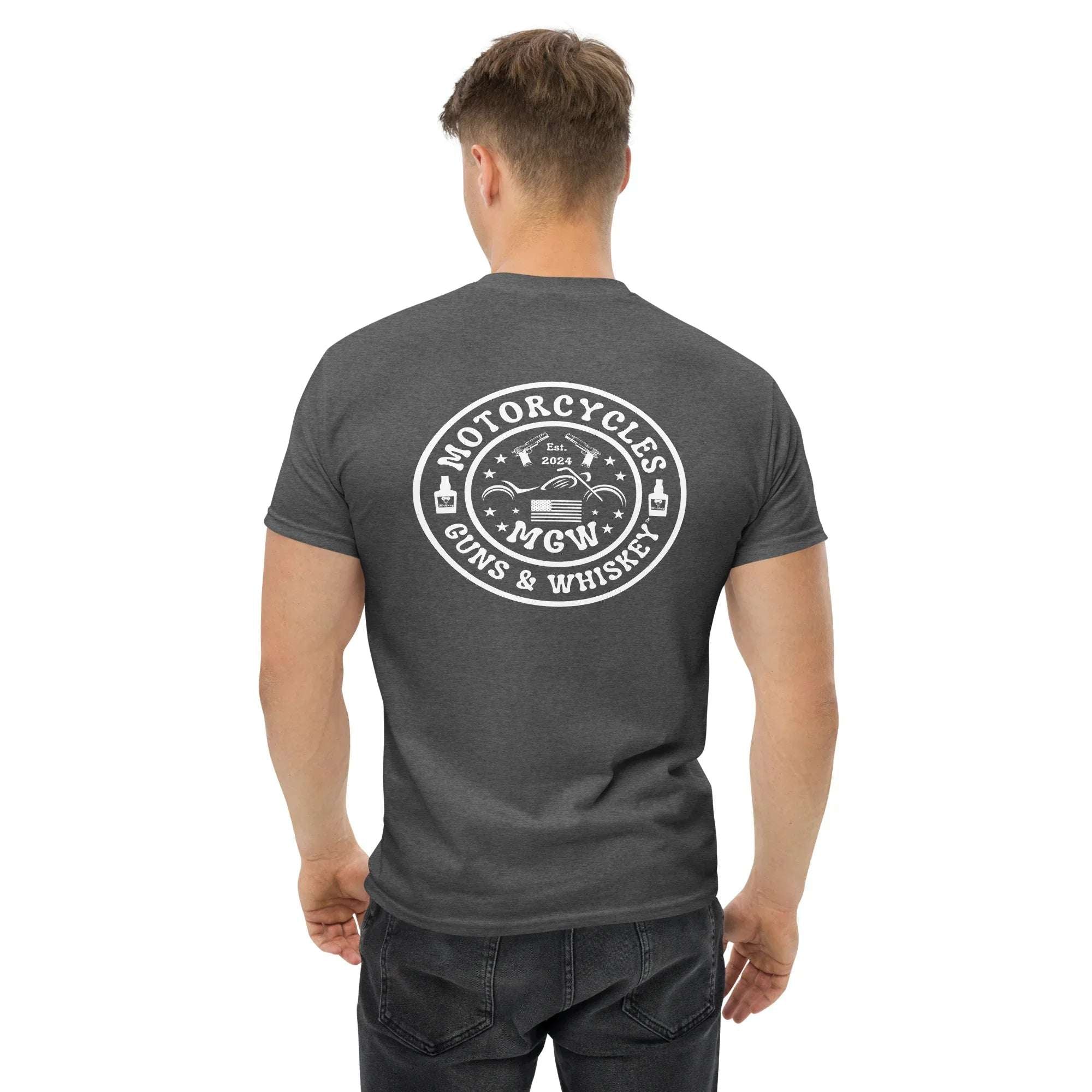 Motorcycles Guns & Whiskey T-shirt (Back) - Unisex -MGW Clothing
