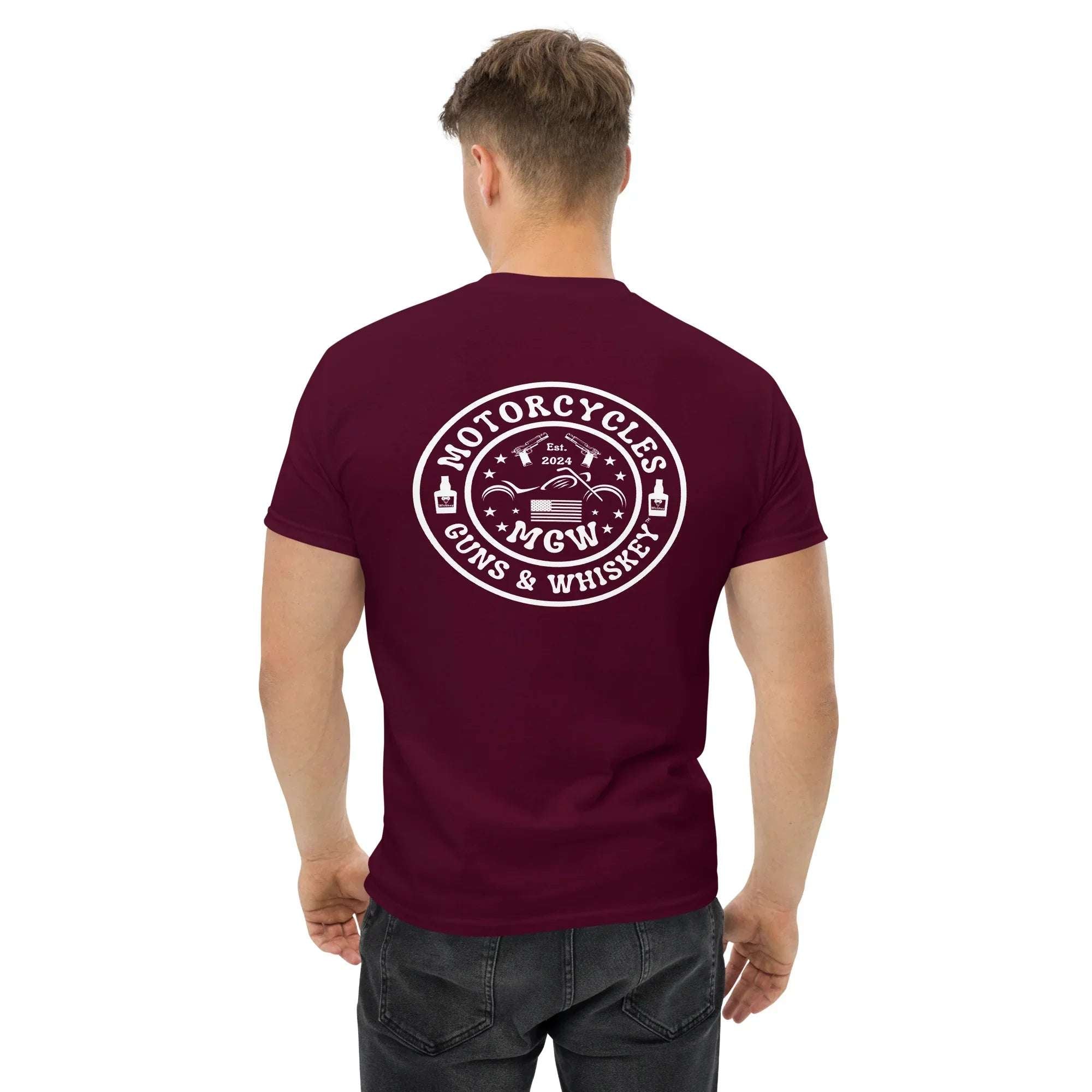 Motorcycles Guns & Whiskey T-shirt (Back) - Unisex -MGW Clothing