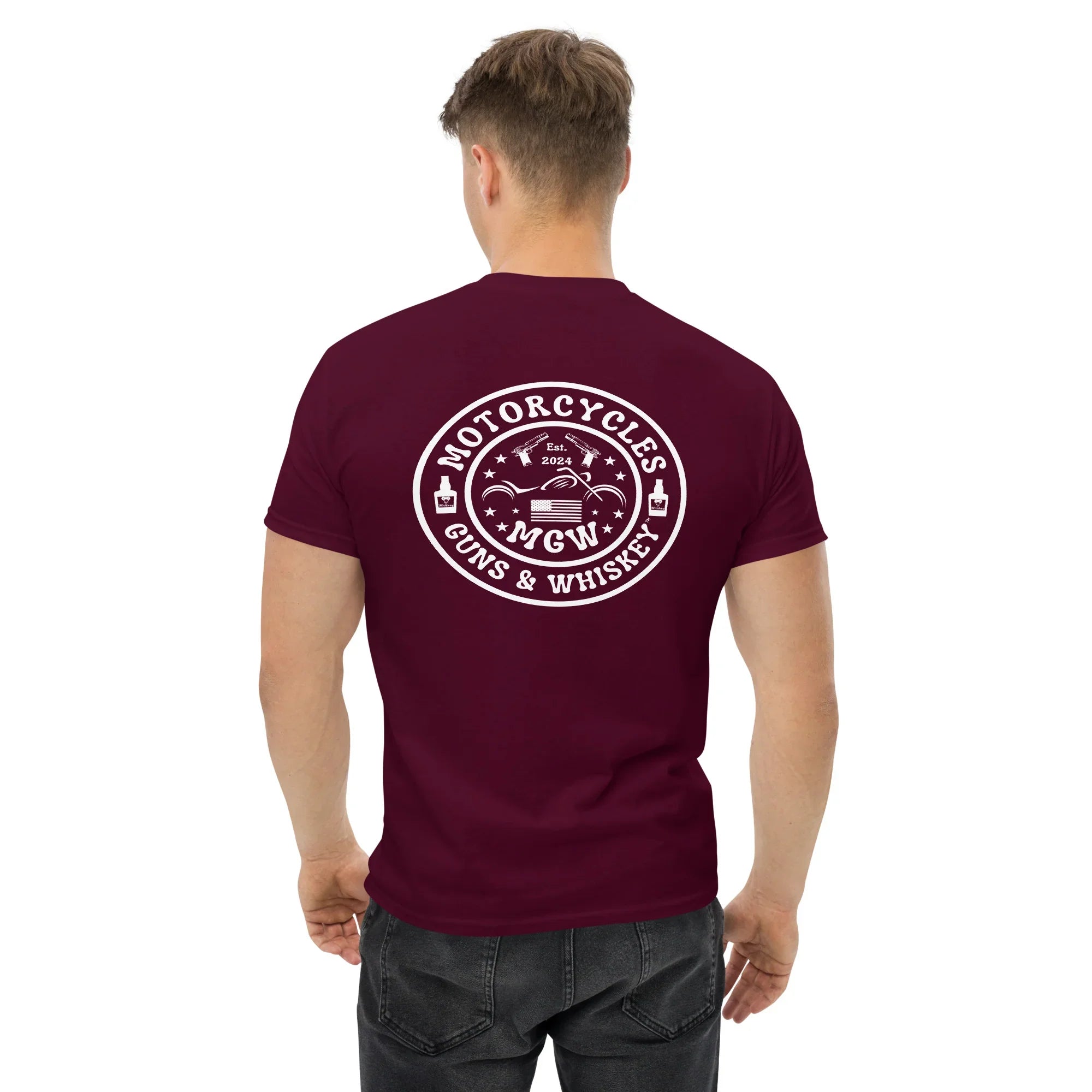 Motorcycles Guns & Whiskey T-shirt (Back) - Unisex -MGW Clothing
