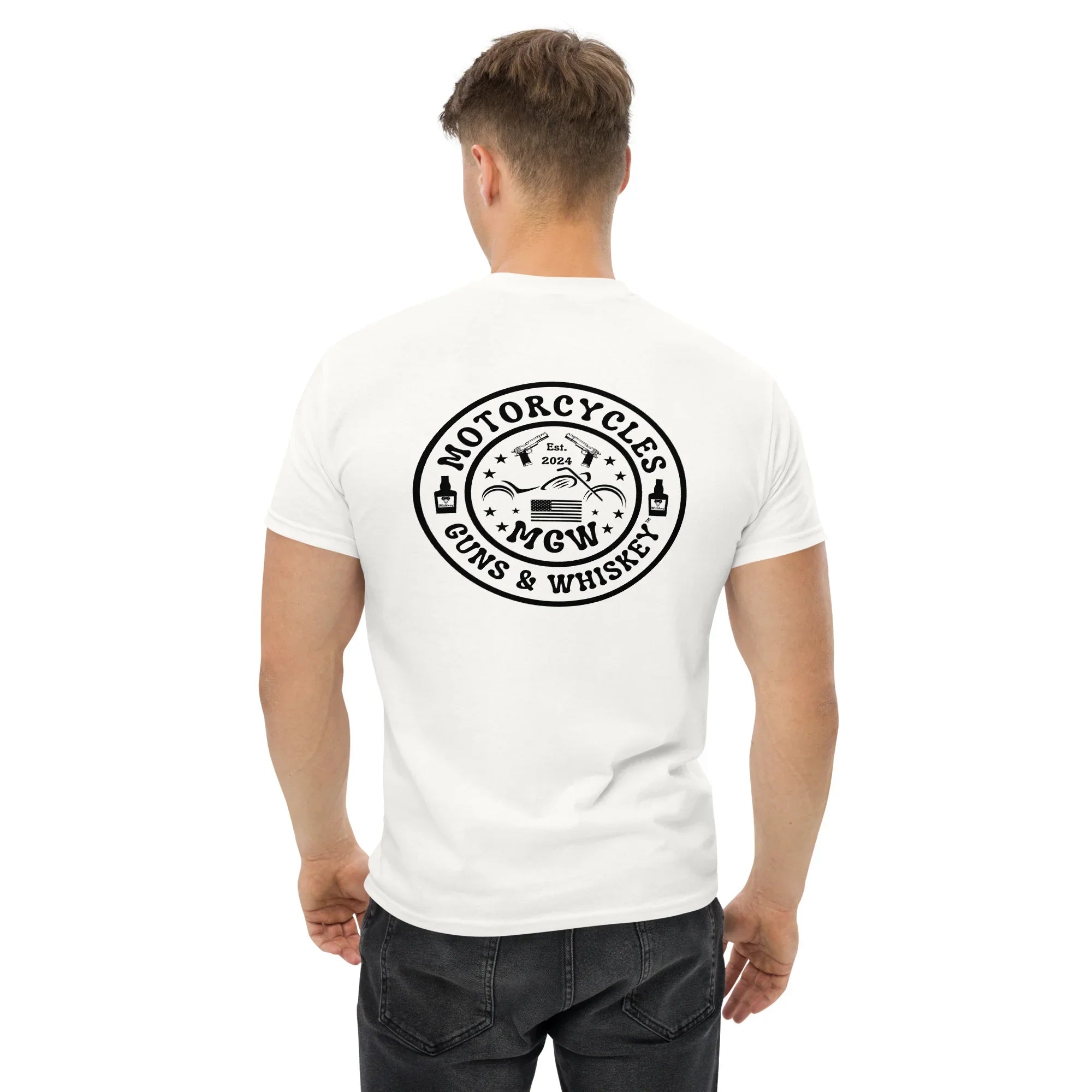 Motorcycles Guns & Whiskey T-shirt (Back) - Unisex -MGW Clothing
