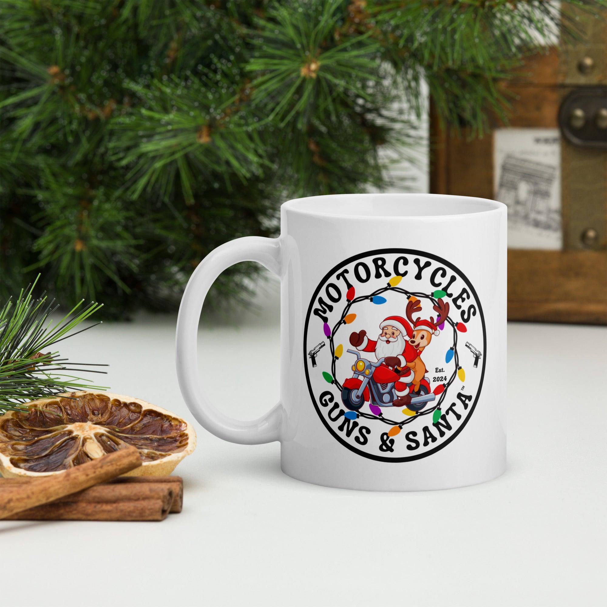 Motorcycles Guns & Santa White coffee mug -MGW Clothing
