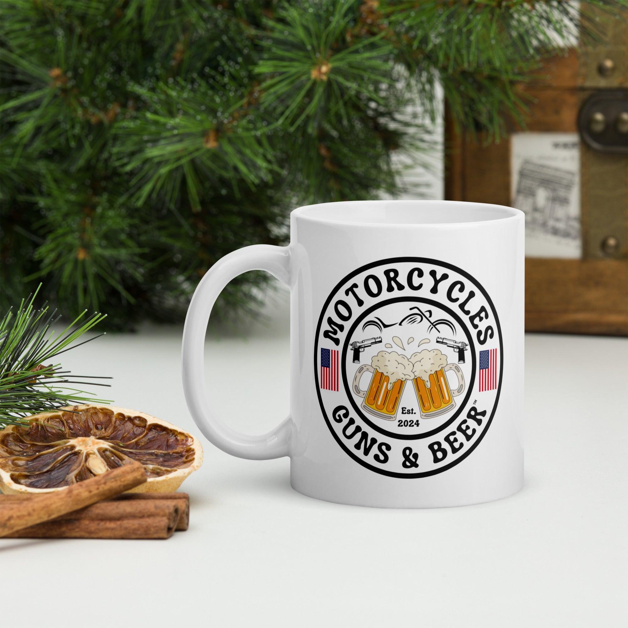 Motorcycles Guns & Beer White coffee mug -MGW Clothing