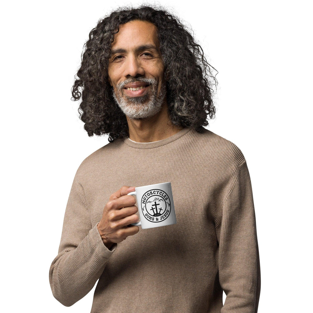 Motorcycles Guns & Jesus White coffee mug -MGW Clothing