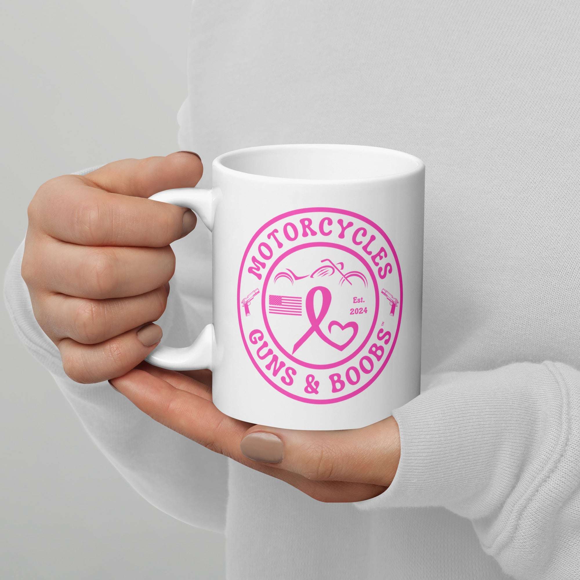 Motorcycles Guns And Boobs White Glossy Mug-MGW Clothing