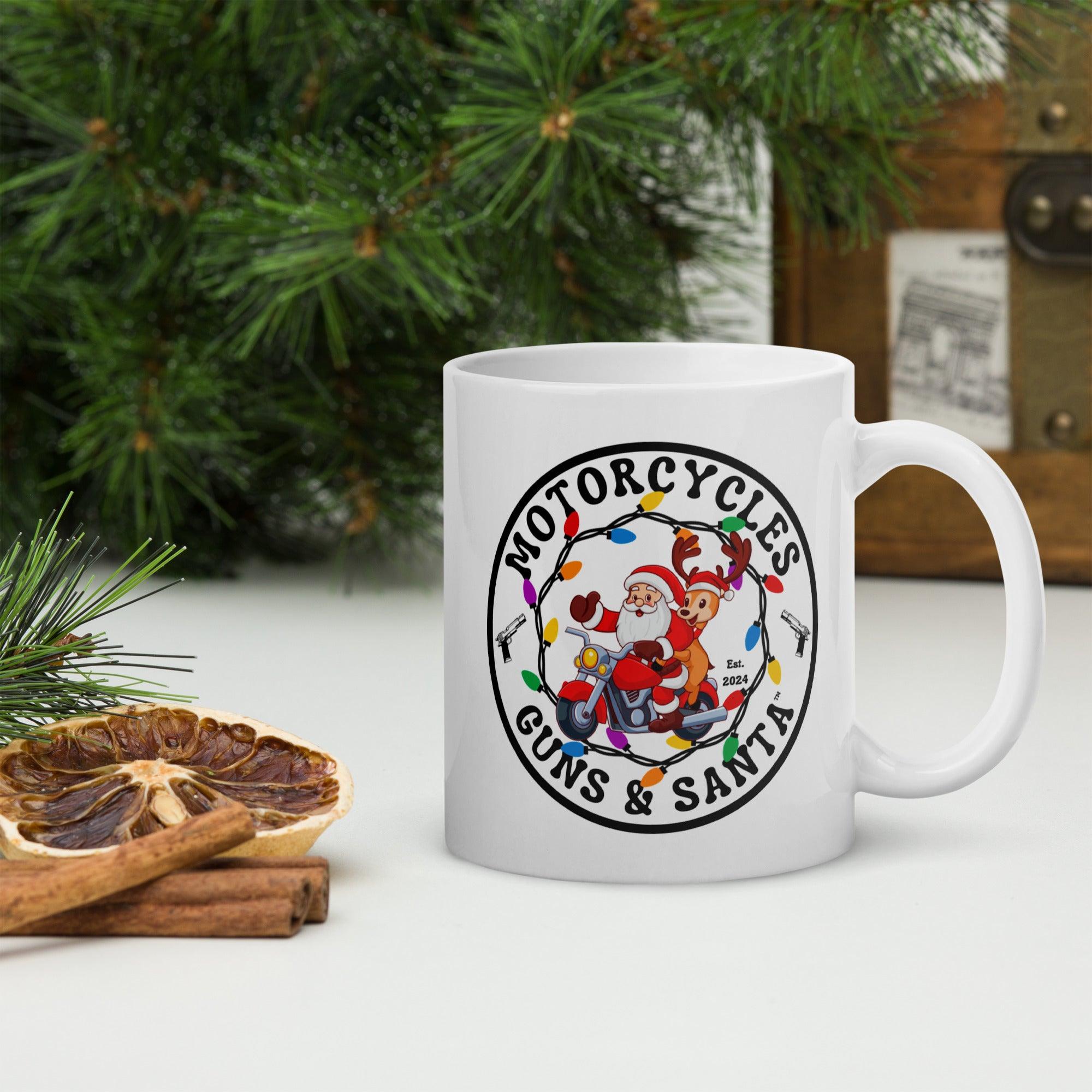 Motorcycles Guns & Santa White coffee mug -MGW Clothing
