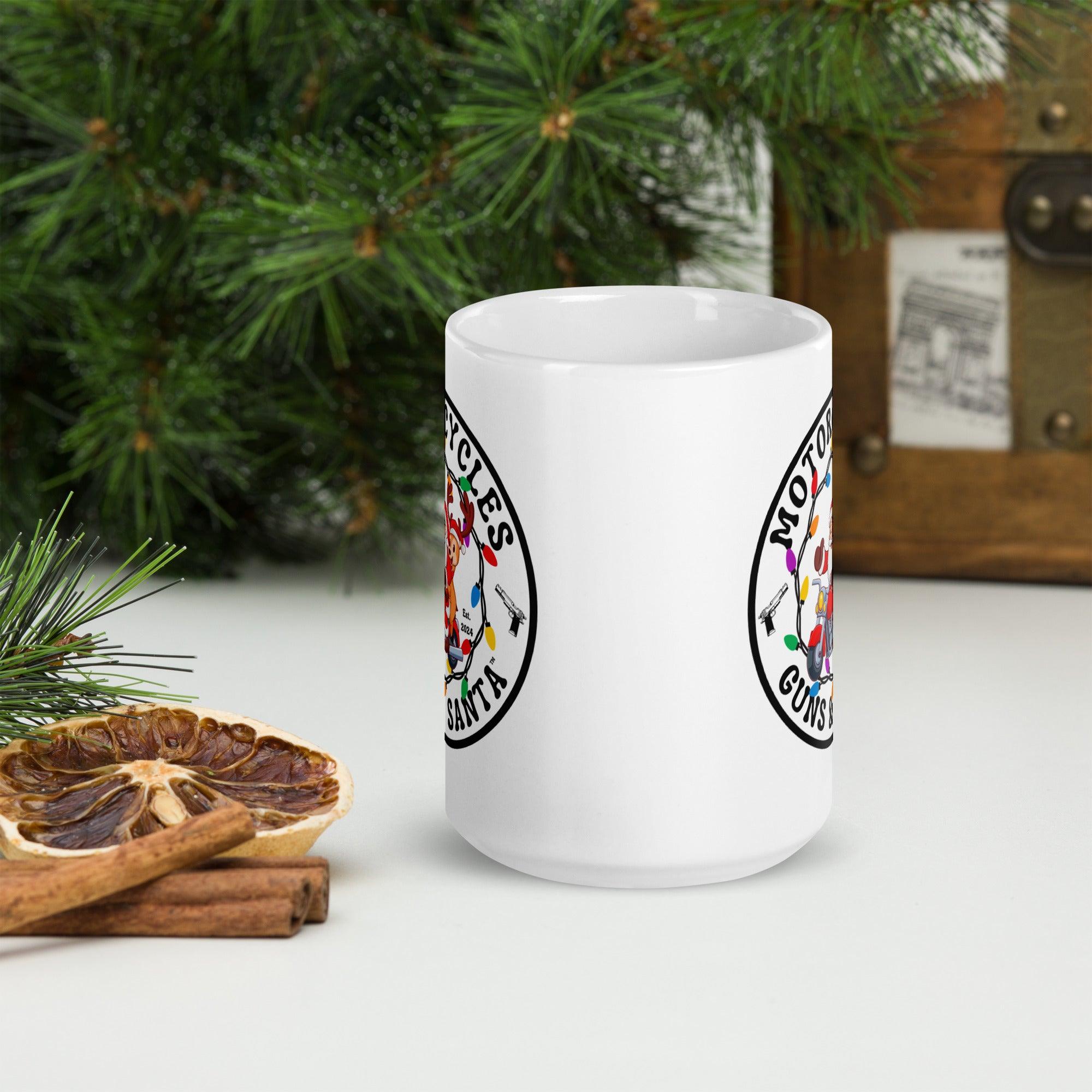 Motorcycles Guns & Santa White coffee mug -MGW Clothing