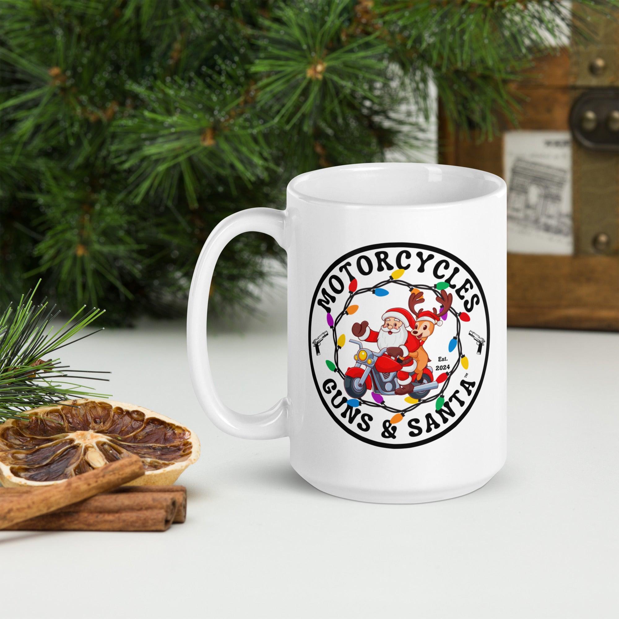 Motorcycles Guns & Santa White coffee mug -MGW Clothing