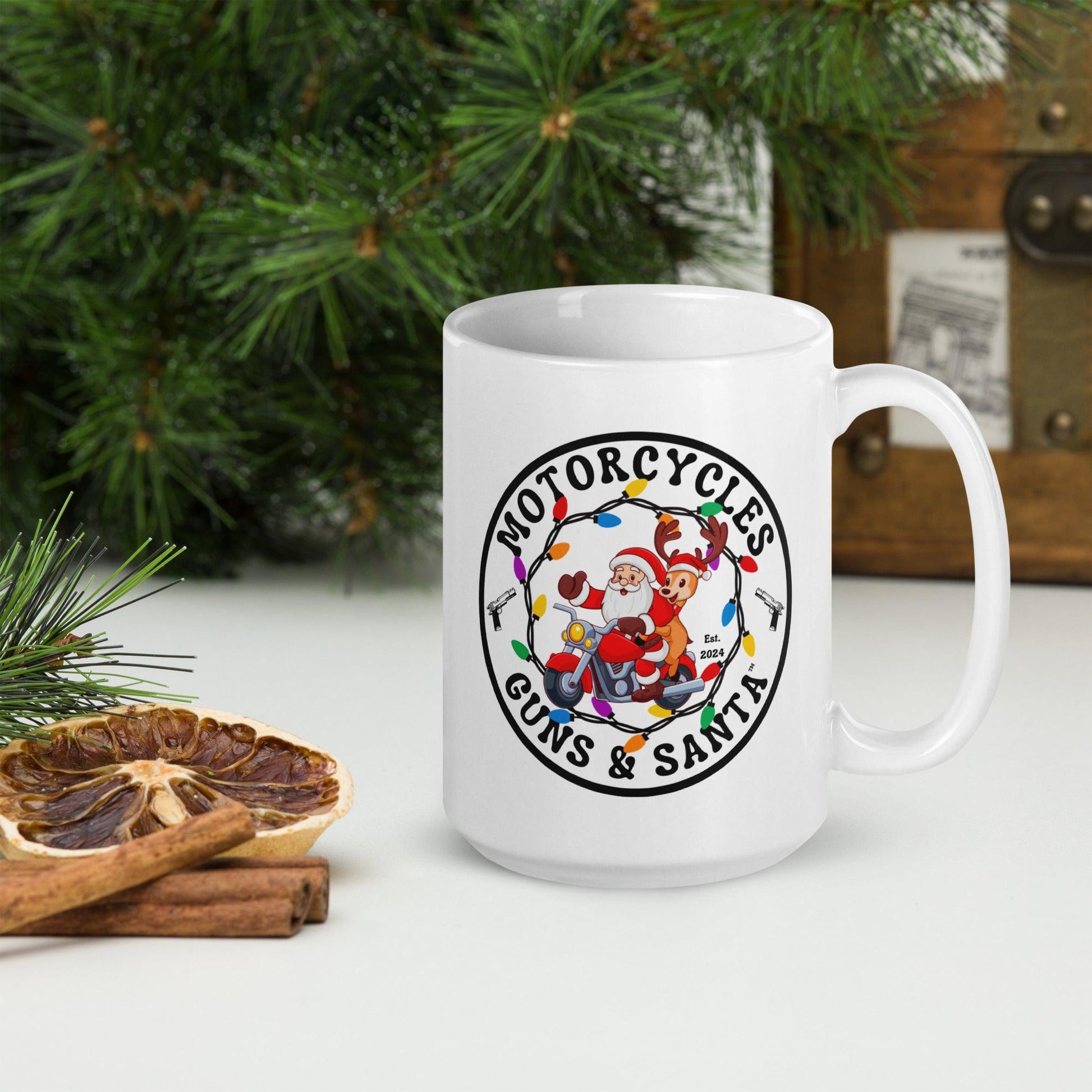 Motorcycles Guns & Santa White coffee mug -MGW Clothing