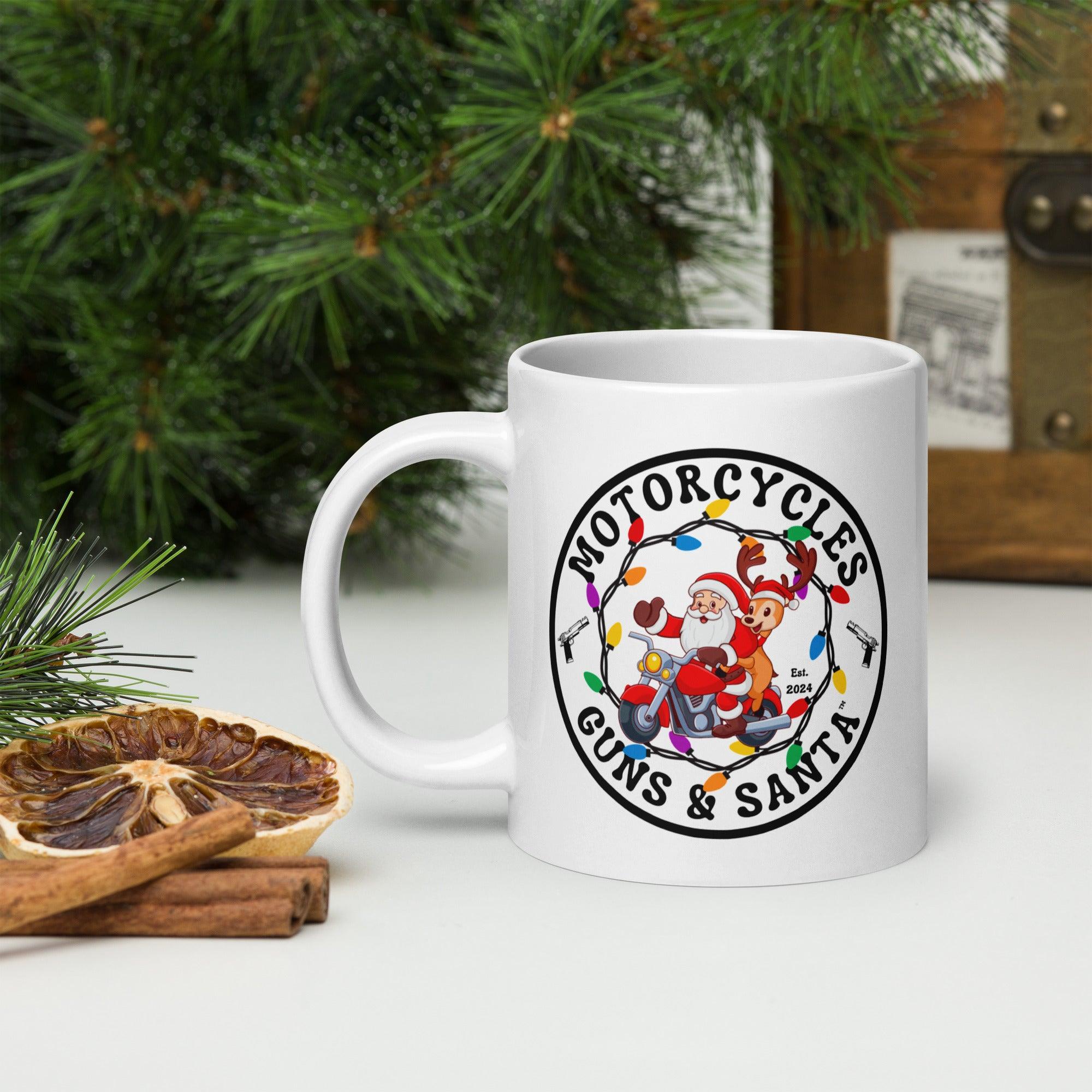 Motorcycles Guns & Santa White coffee mug -MGW Clothing