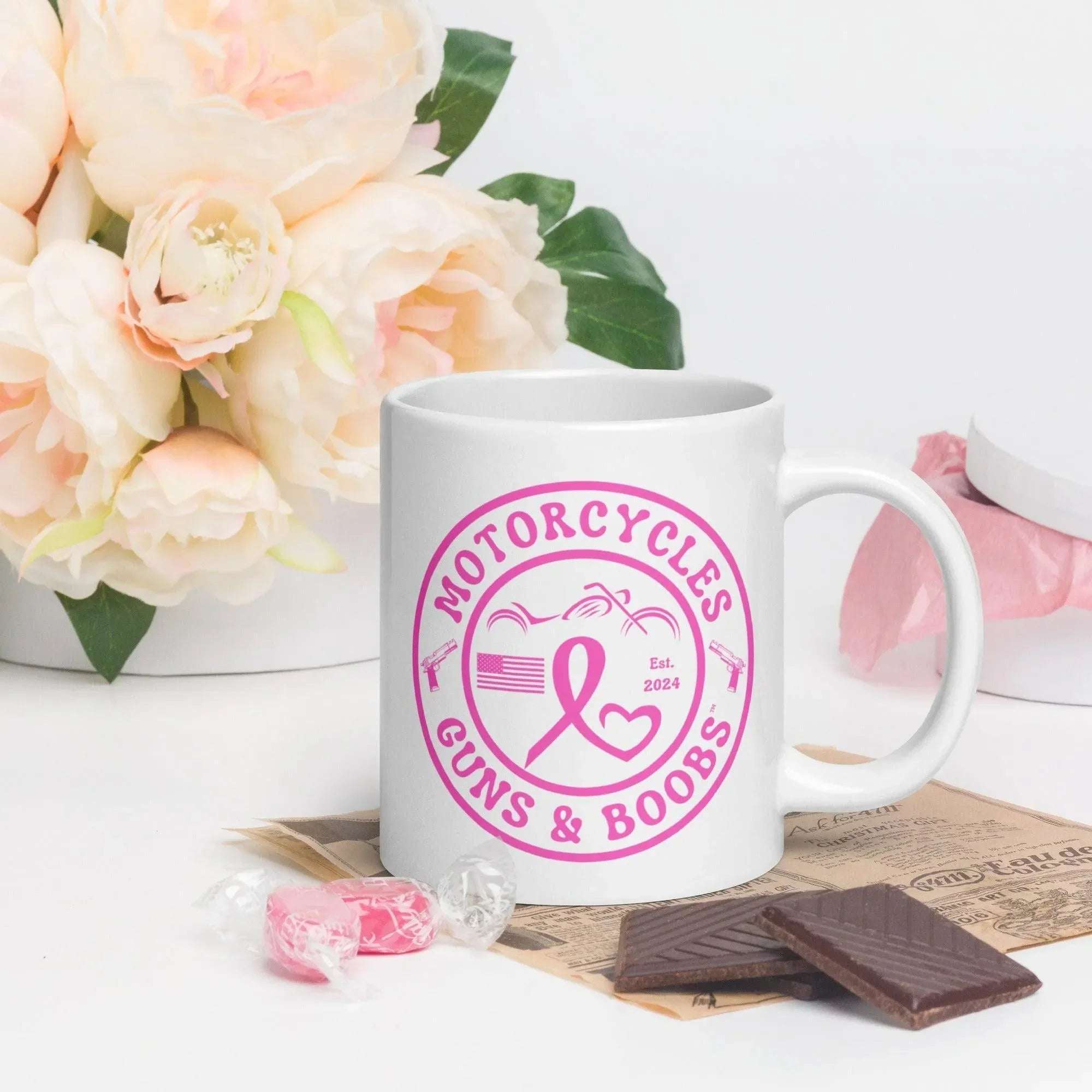 Motorcycles Guns & Boobs White coffee mug -MGW Clothing