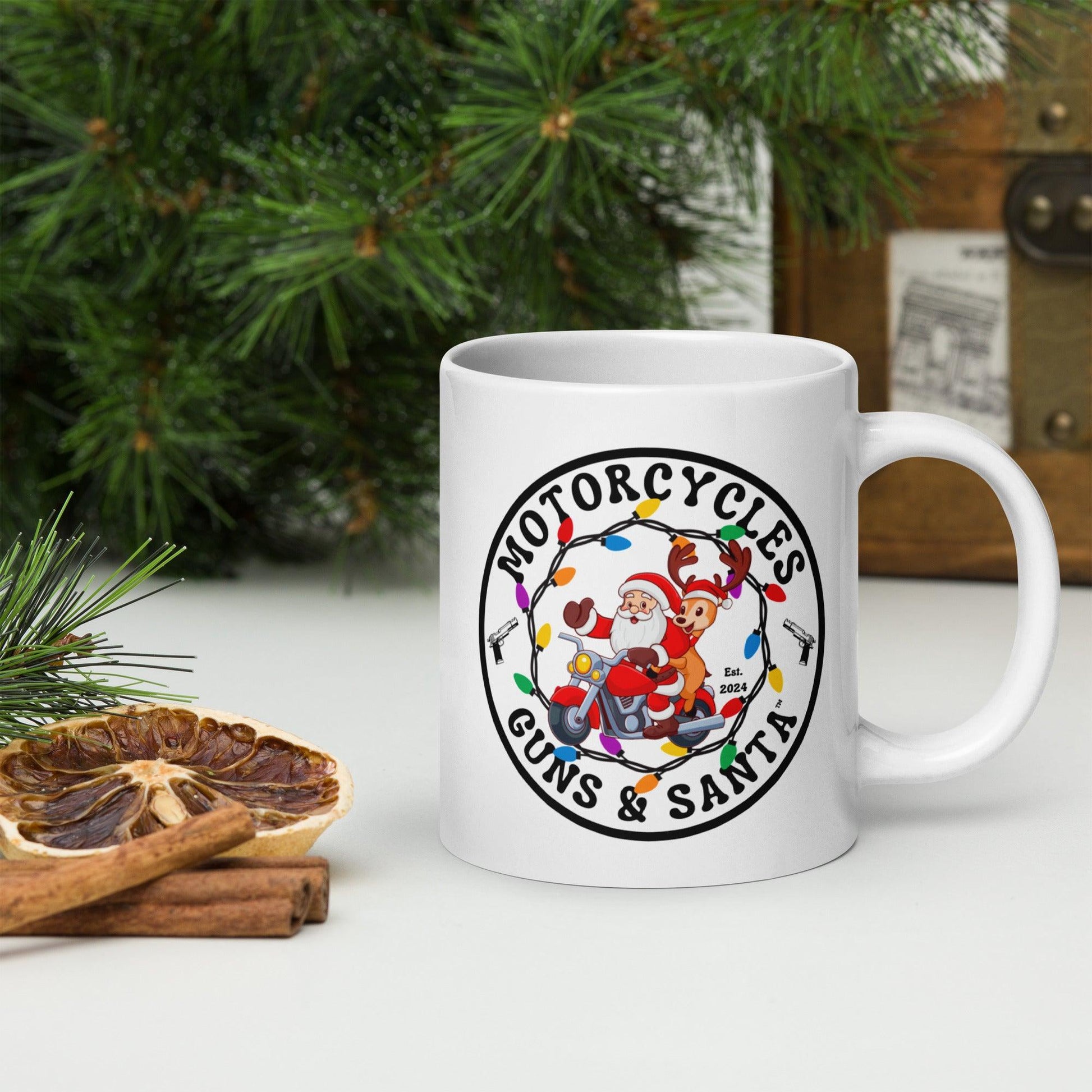 Motorcycles Guns & Santa White coffee mug -MGW Clothing