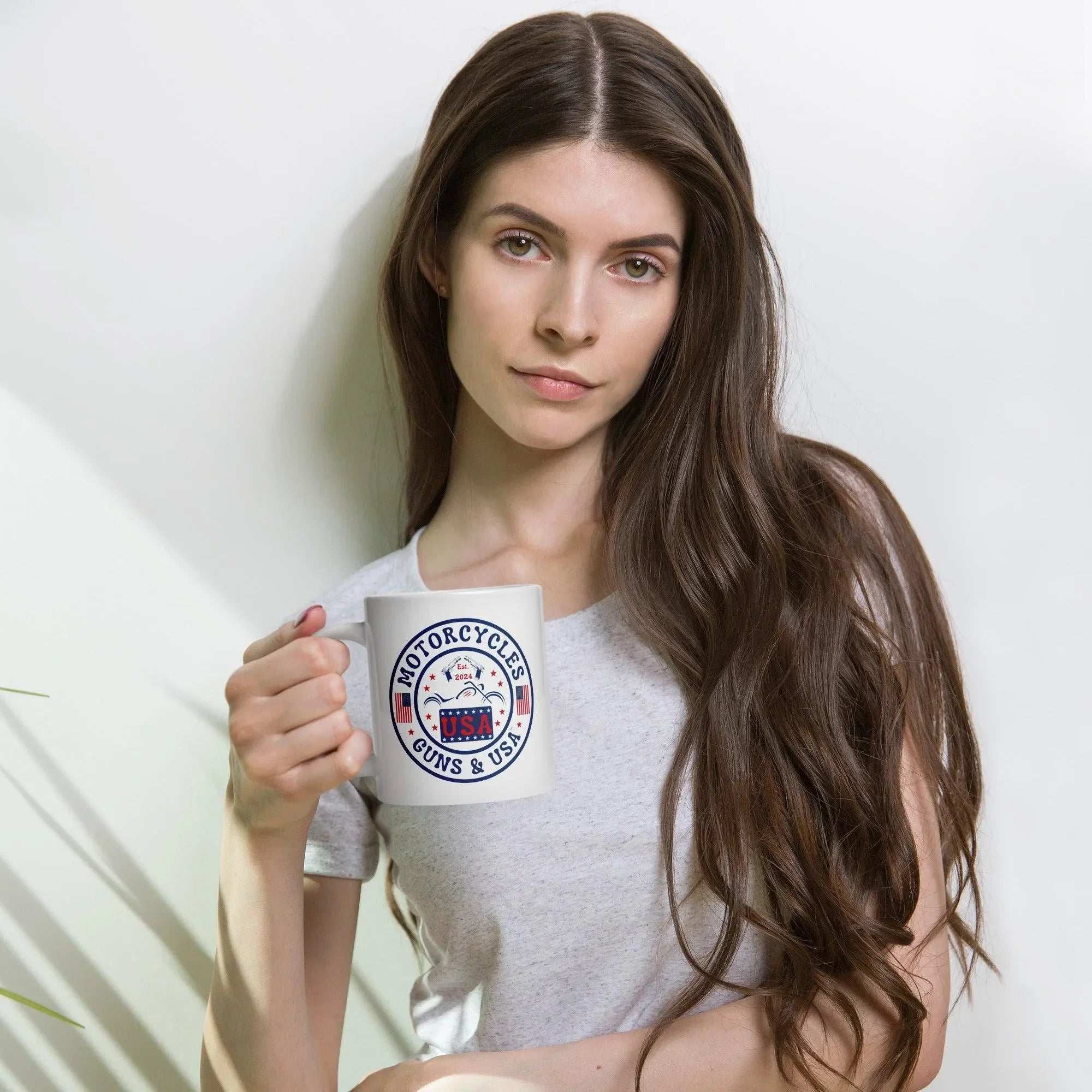 Motorcycles Guns & USA White coffee mug -MGW Clothing