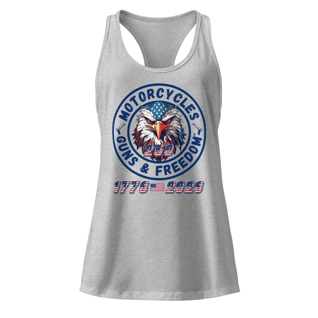 Motorcycles Guns And Freedom 250Th Racerback Tank Womens Fitted - MGW Clothing