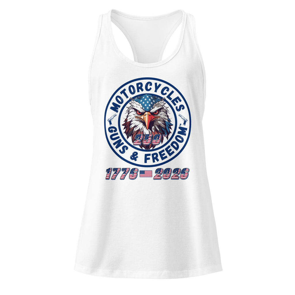 Motorcycles Guns And Freedom 250Th Racerback Tank Womens Fitted - MGW Clothing