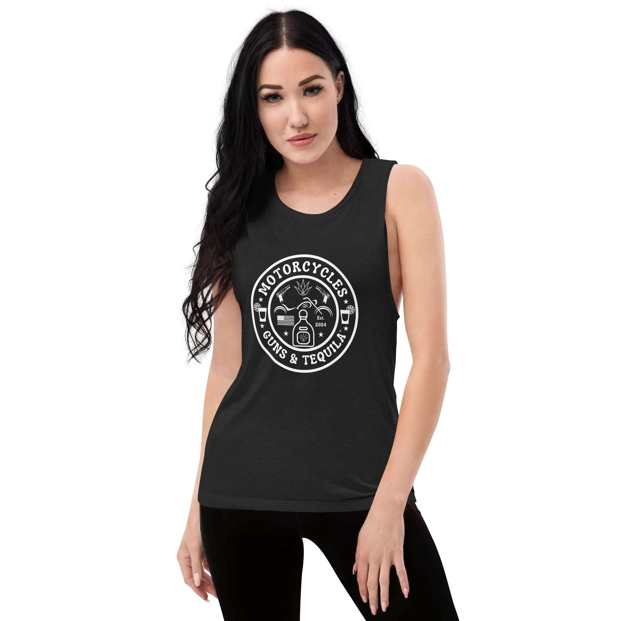 Motorcycles Guns And Tequila Ladies Muscle Tank-MGW Clothing