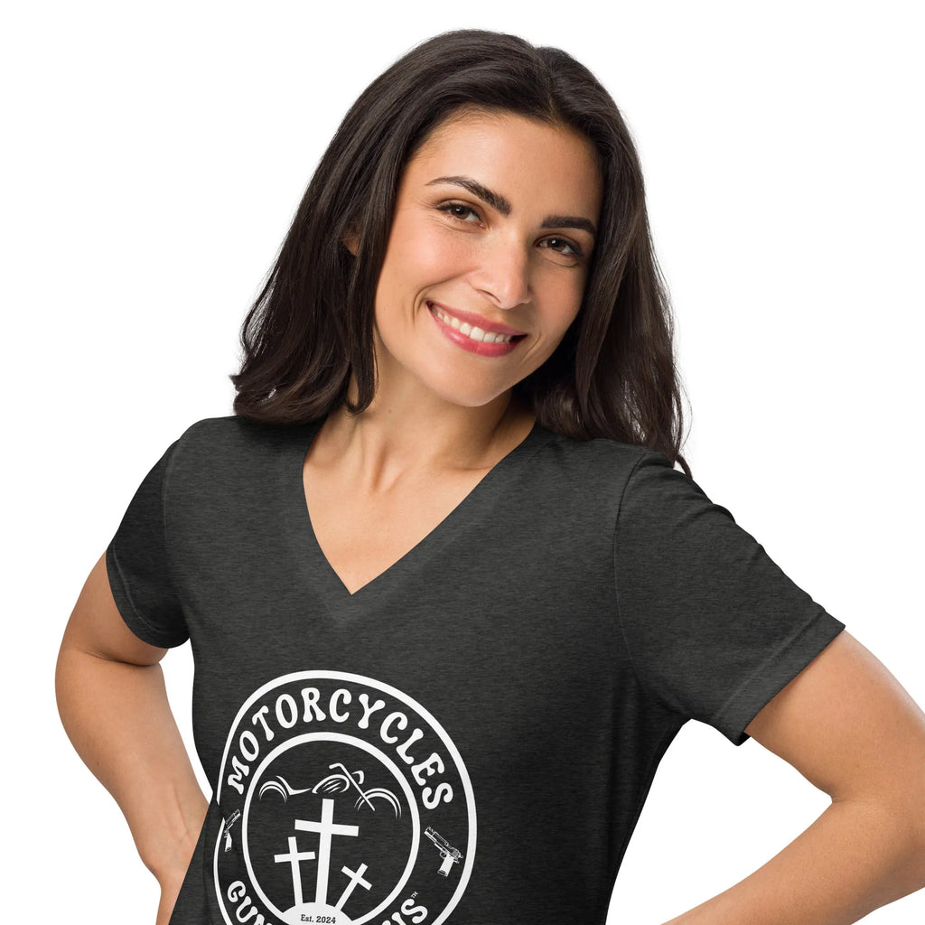 Motorcycles Guns & Jesus T-shirt - Women’s v-neck -MGW Clothing
