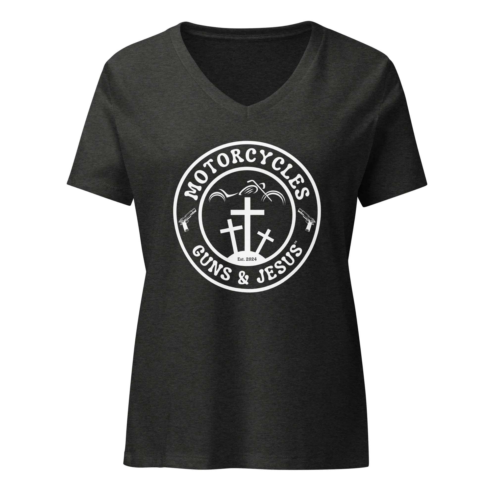 Motorcycles Guns & Jesus T-shirt - Women’s v-neck -MGW Clothing
