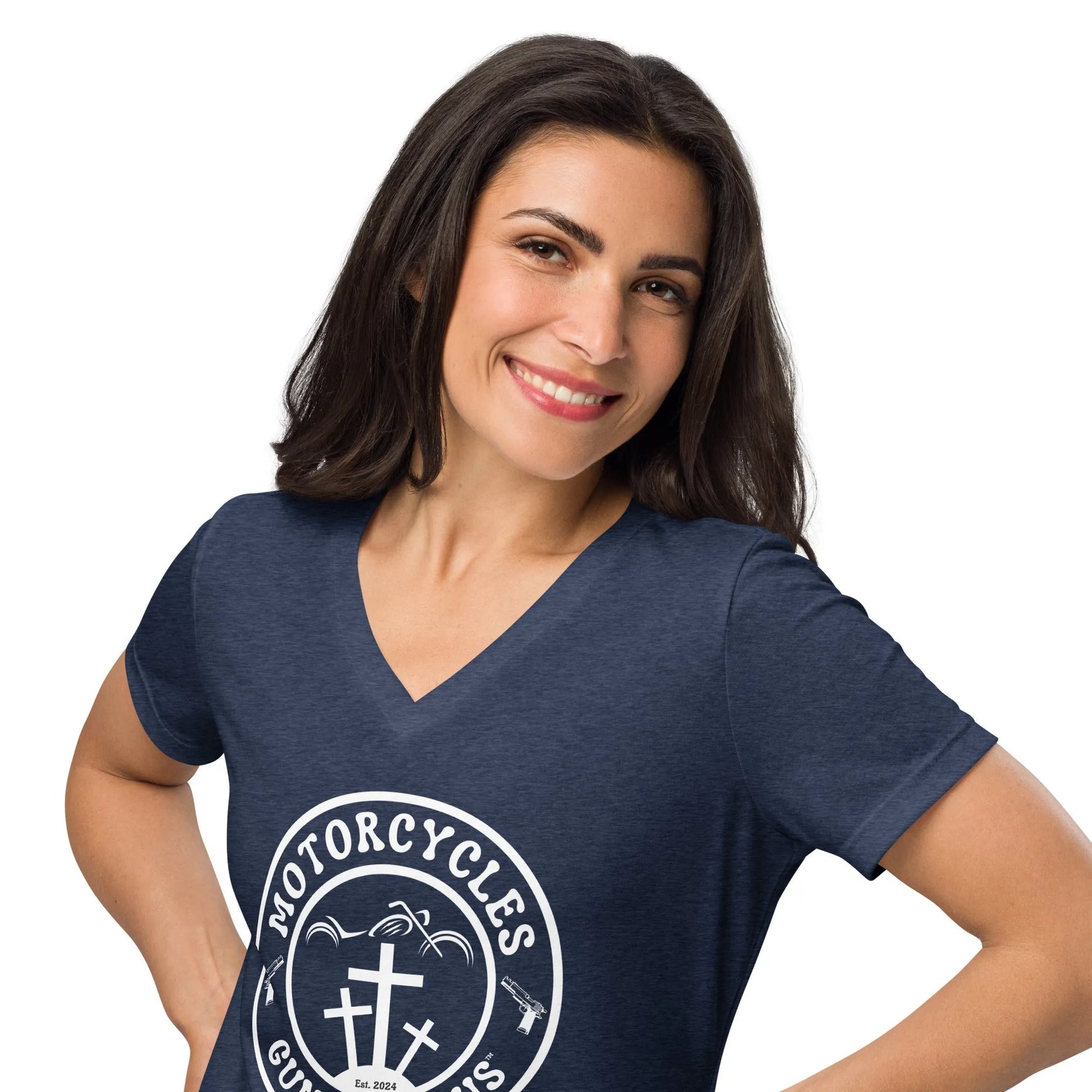 Motorcycles Guns & Jesus T-shirt - Women’s v-neck -MGW Clothing