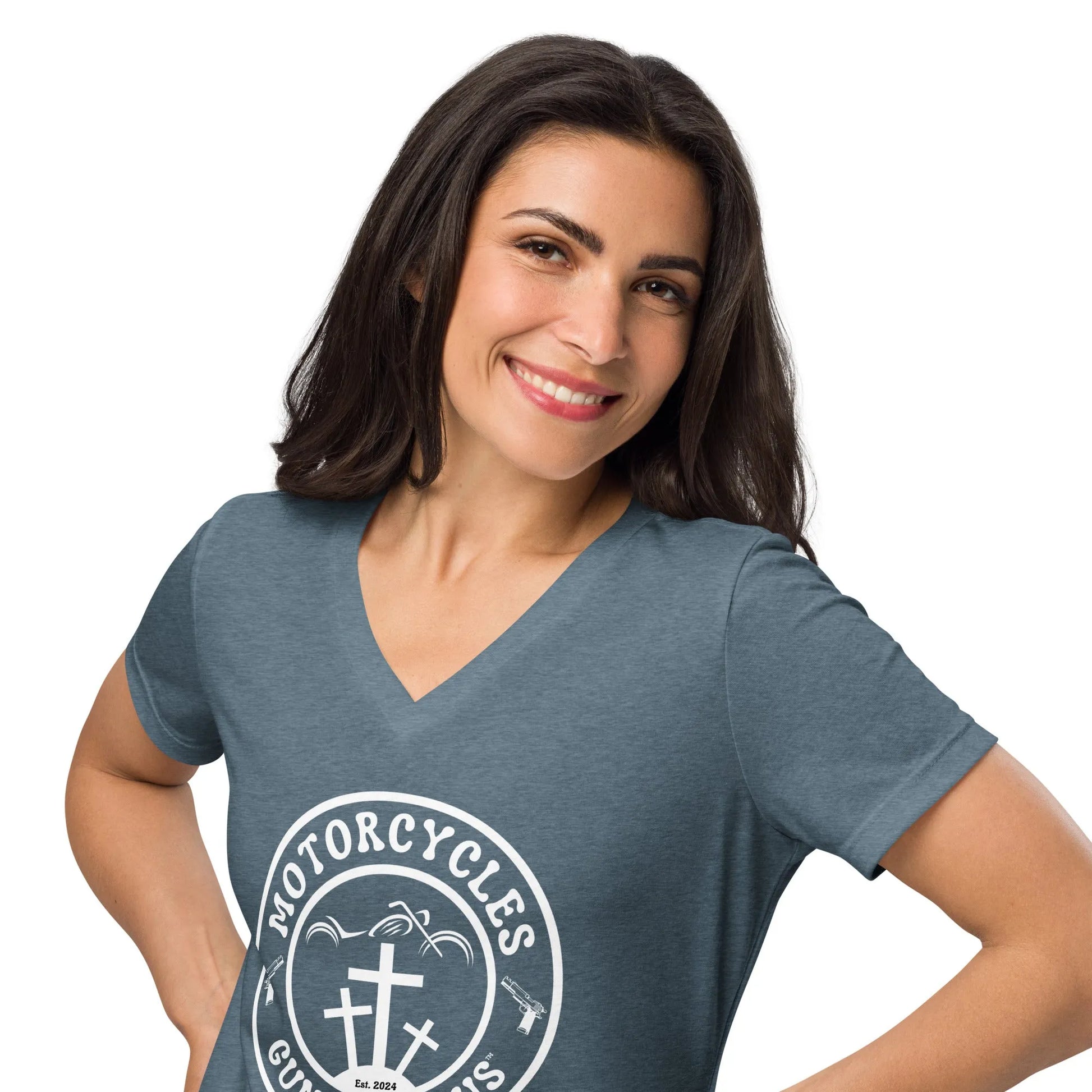 Motorcycles Guns & Jesus T-shirt - Women’s v-neck -MGW Clothing