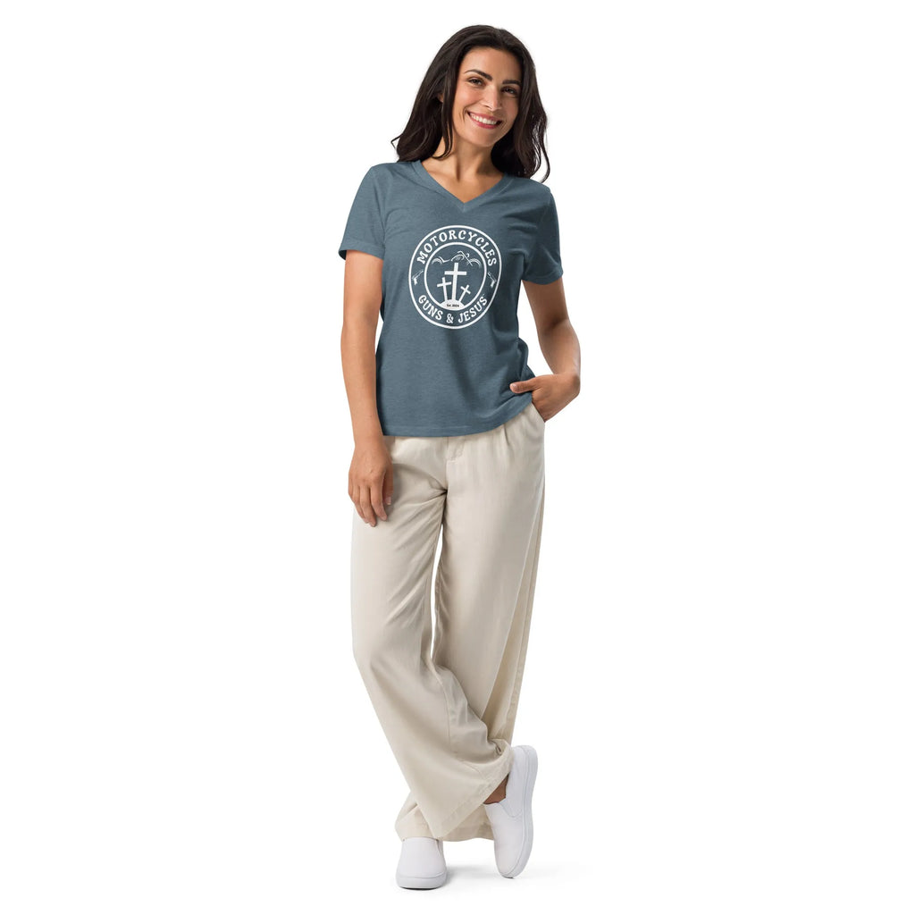 Motorcycles Guns & Jesus T-shirt - Women’s v-neck -MGW Clothing
