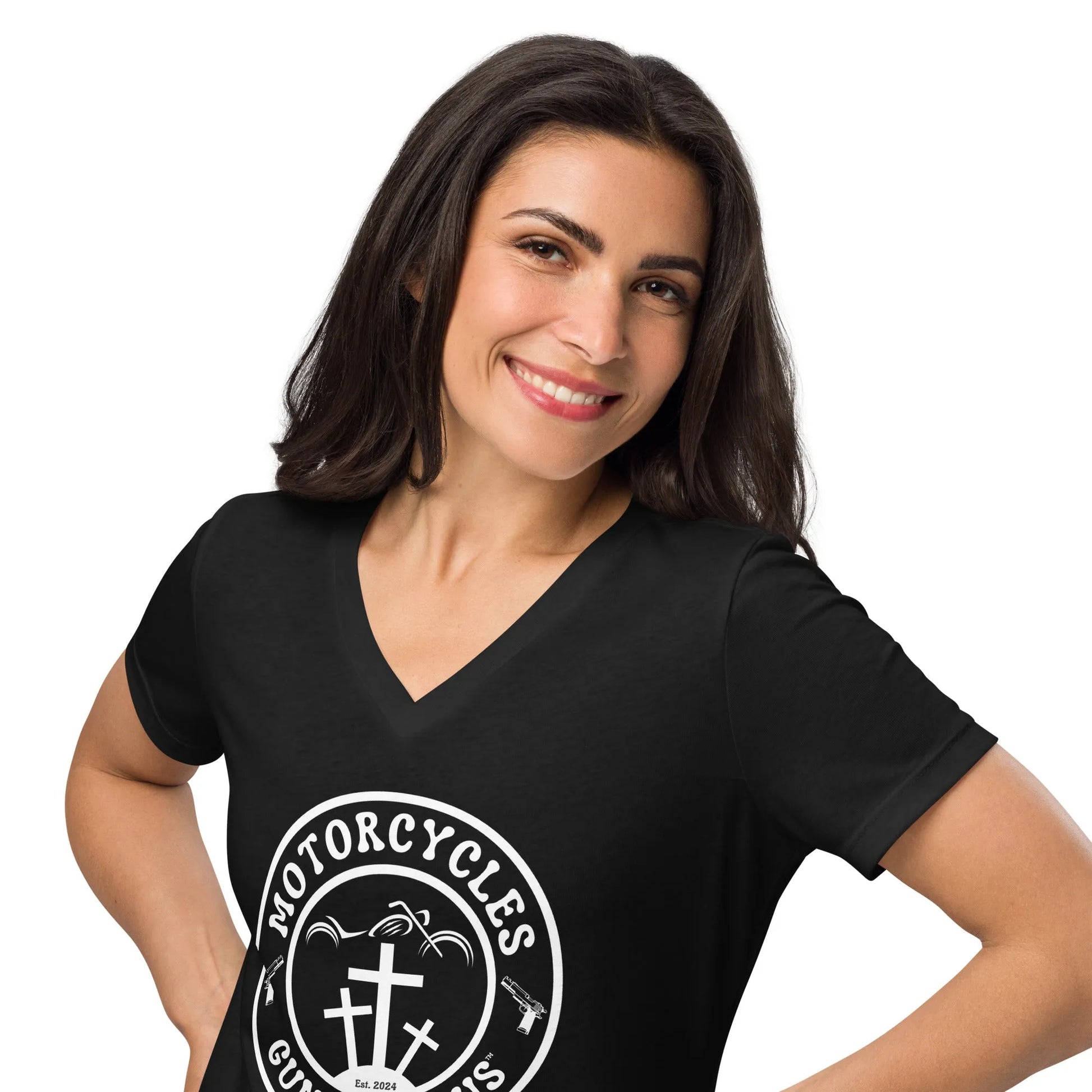 Motorcycles Guns & Jesus T-shirt - Women’s v-neck -MGW Clothing