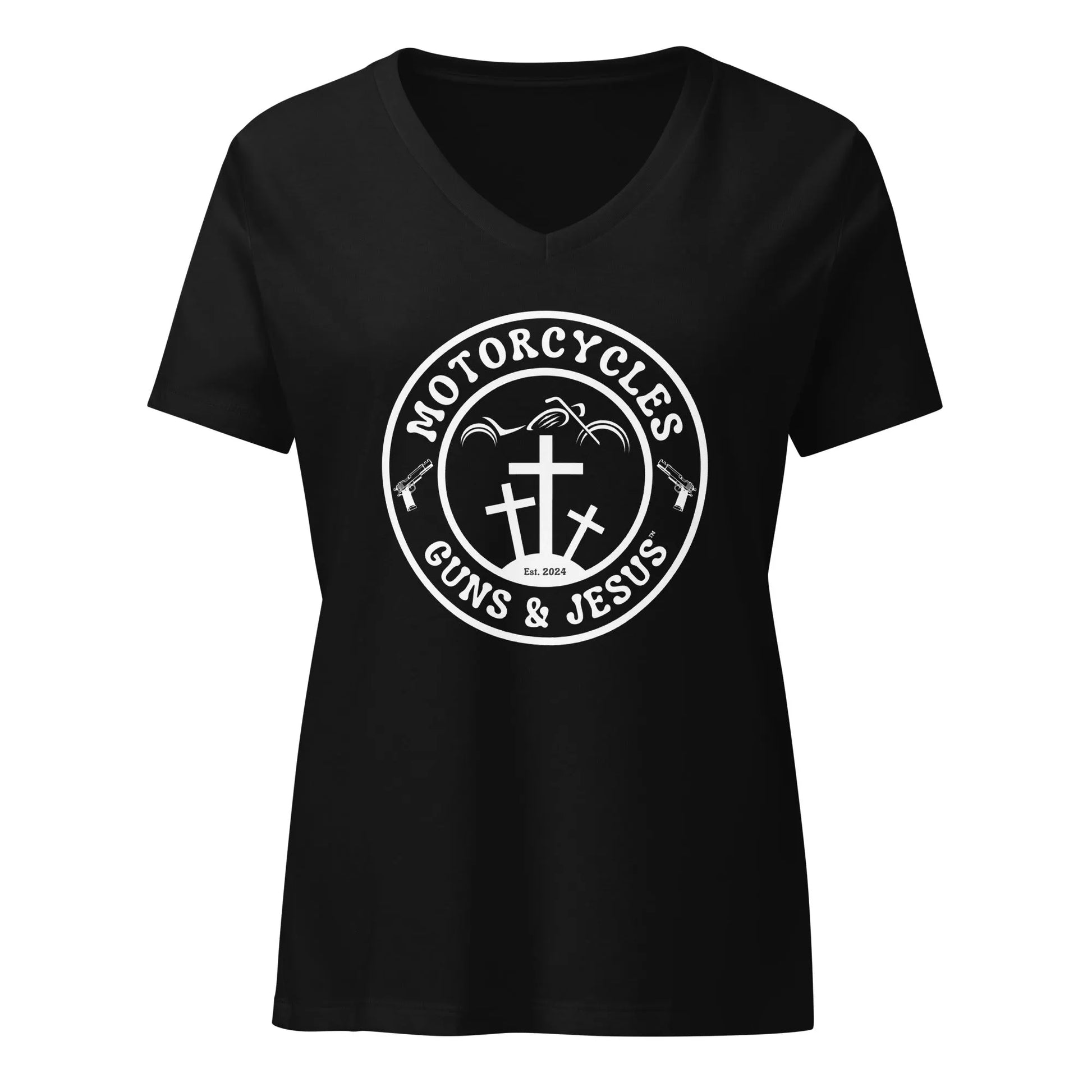 Motorcycles Guns & Jesus T-shirt - Women’s v-neck -MGW Clothing